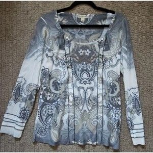 One World Knit Top Size XL Gray Tan Print Metal Embellishments